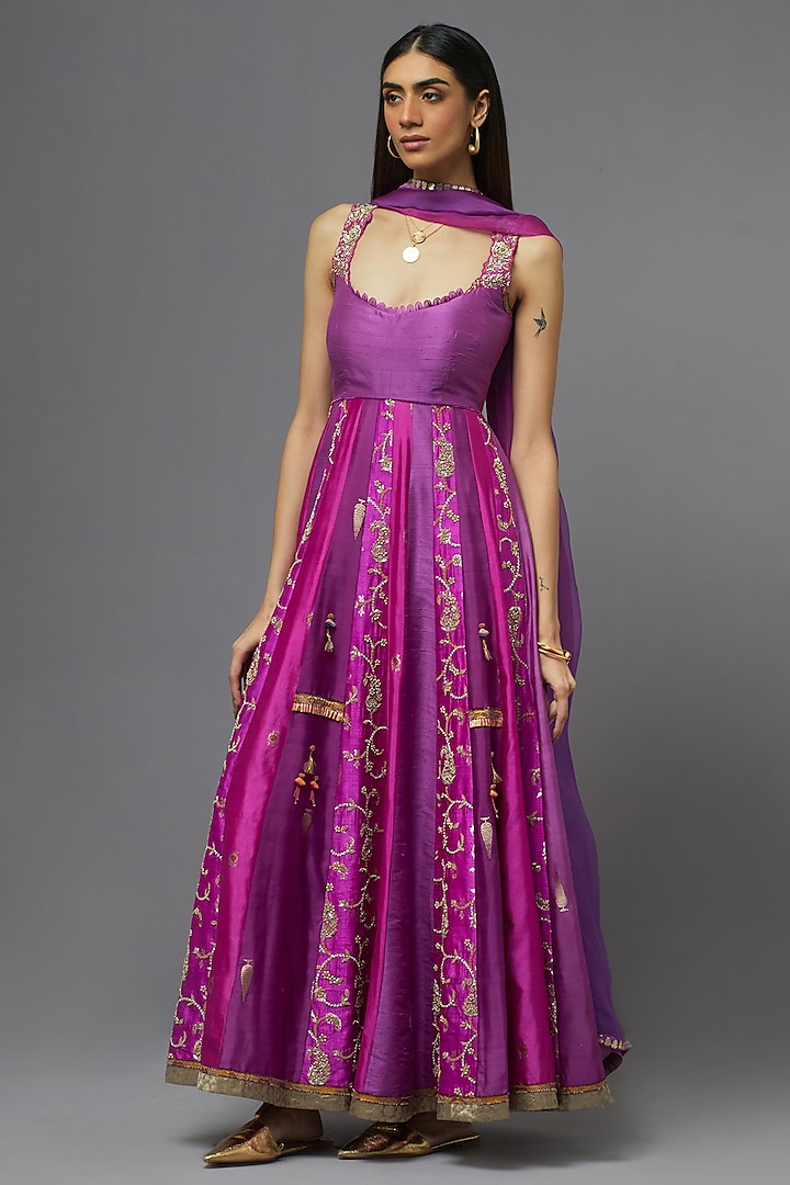 Purple Silk Kalidar Anarkali Set by aum ashima & asit at Pernia's Pop Up Shop