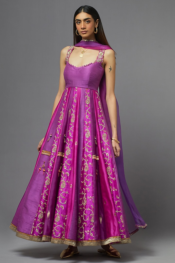 Purple Silk Kalidar Wedding Anarkali Set by aum ashima & asit at Pernia's Pop Up Shop