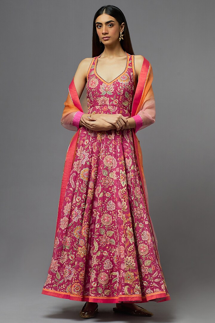 Fuchsia Silk Kalidar Wedding Anarkali Set by aum ashima & asit at Pernia's Pop Up Shop