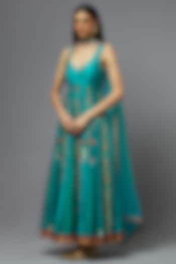 Turquoise Silk Kalidar Wedding Anarkali Set by aum ashima & asit at Pernia's Pop Up Shop