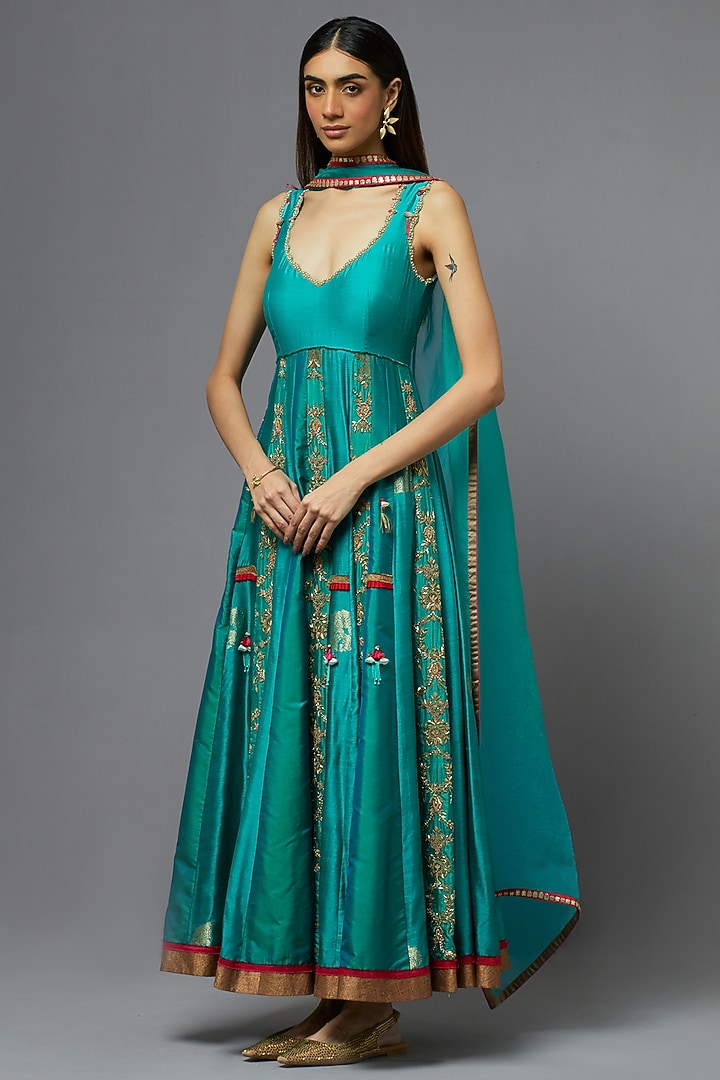 Turquoise Silk Kalidar Wedding Anarkali Set by aum ashima & asit at Pernia's Pop Up Shop