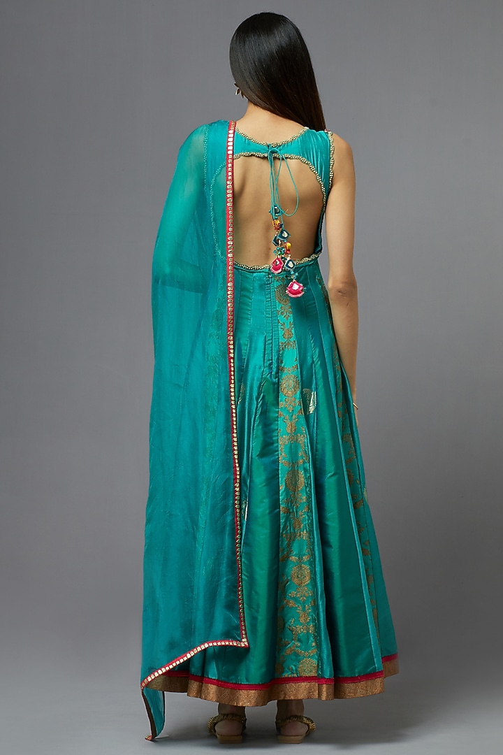 Turquoise Silk Kalidar Wedding Anarkali Set by aum ashima & asit at Pernia's Pop Up Shop