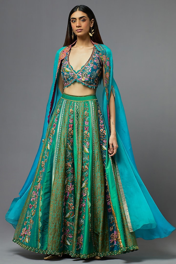 Turquoise Silk Bridal Sharara Set by aum ashima & asit at Pernia's Pop Up Shop