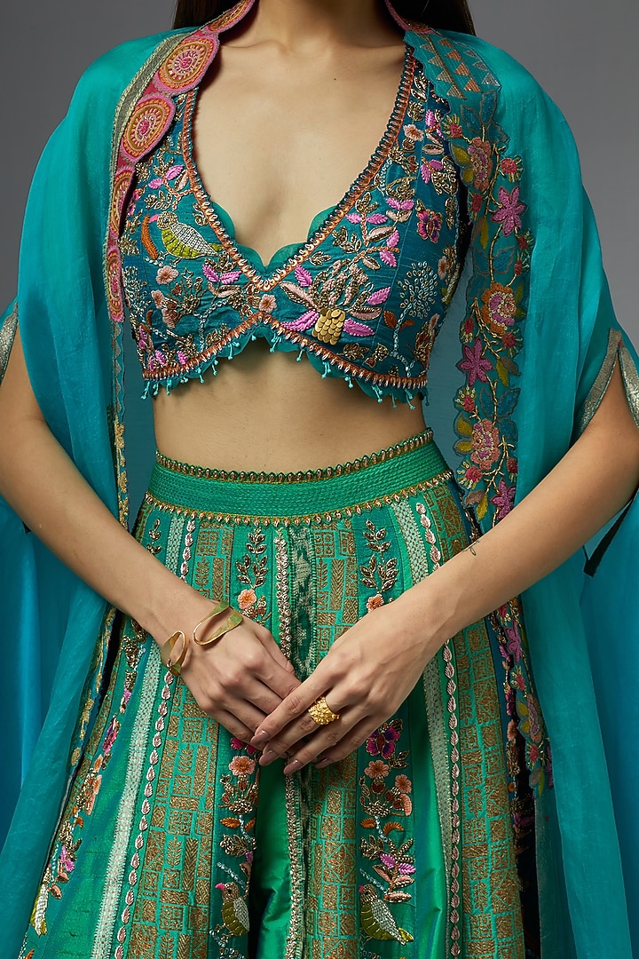 Turquoise Silk Bridal Sharara Set by aum ashima & asit at Pernia's Pop Up Shop