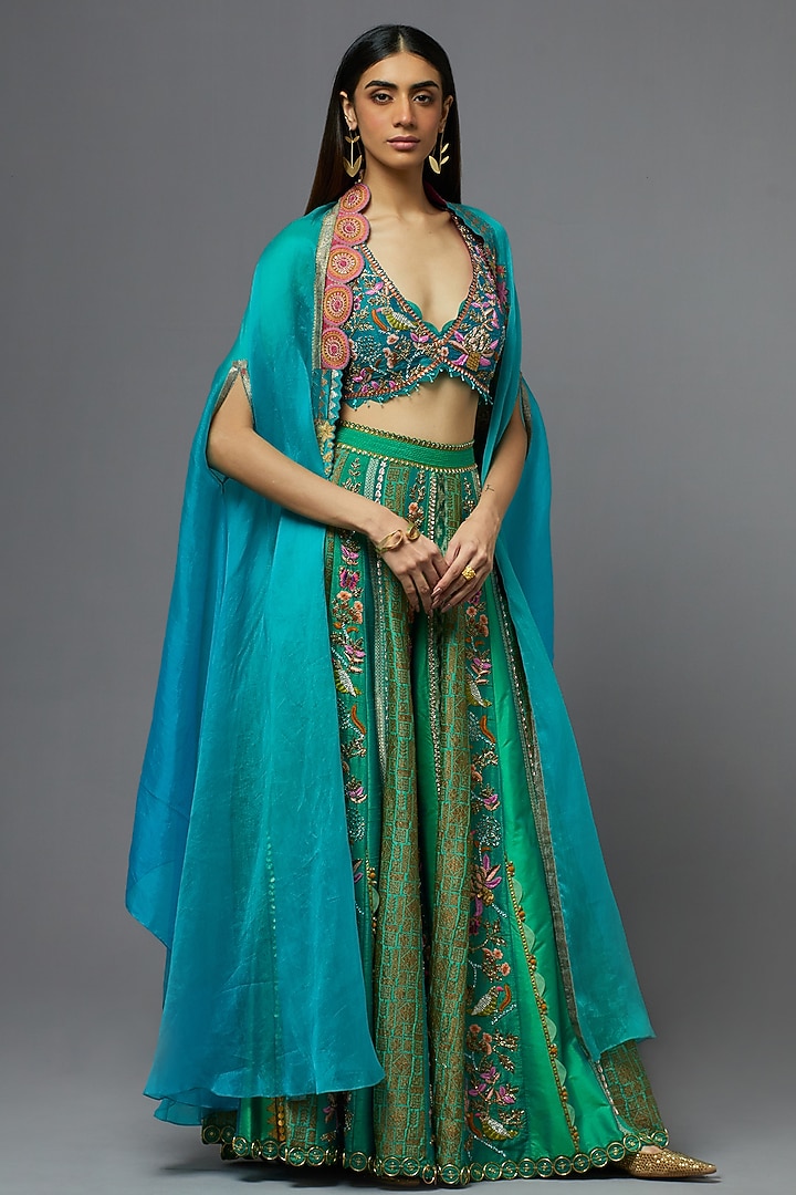Turquoise Silk Bridal Sharara Set by aum ashima & asit at Pernia's Pop Up Shop