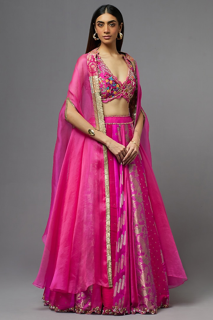 Hot Pink Silk Jacket Wedding Lehenga Set by aum ashima & asit at Pernia's Pop Up Shop