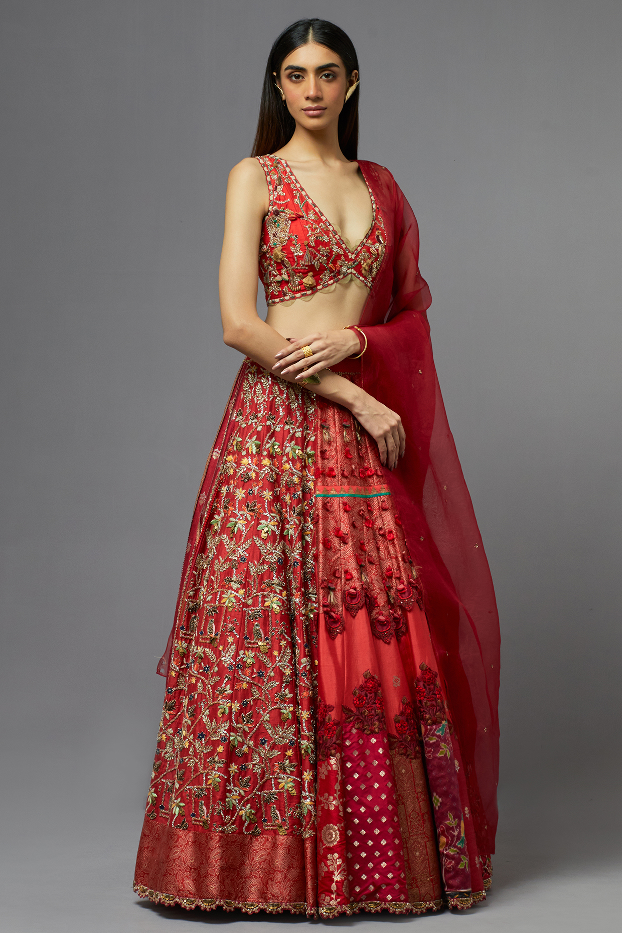Red silk bridal lehenga shop