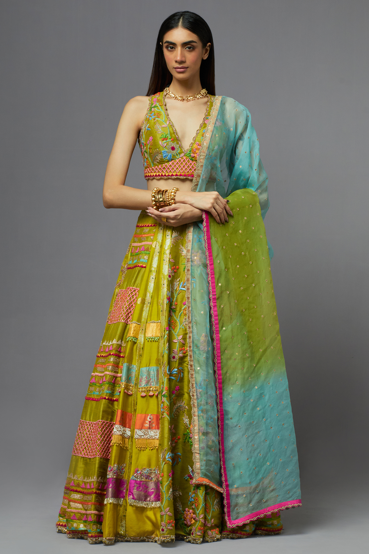 Lime Green Silk Bridal Lehenga Set by aum ashima & asit at Pernia's Pop Up Shop