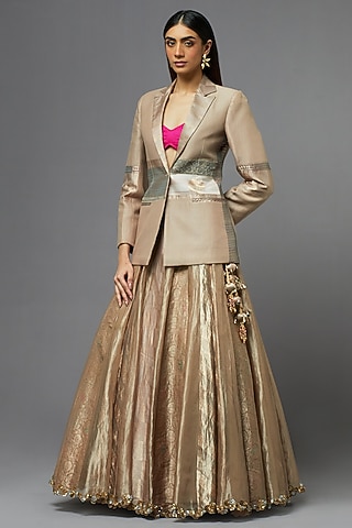 Metal Silk Jacket Lehenga Set by aum ashima & asit