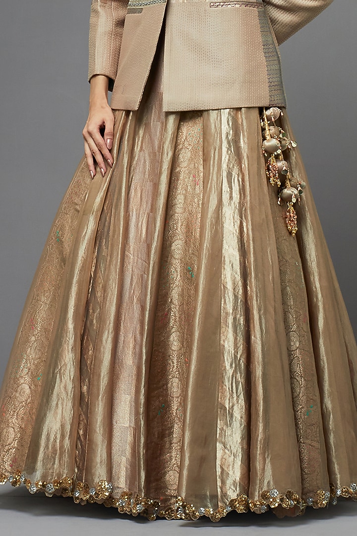 Metal Silk Jacket Bridal Lehenga Set by aum ashima & asit at Pernia's Pop Up Shop