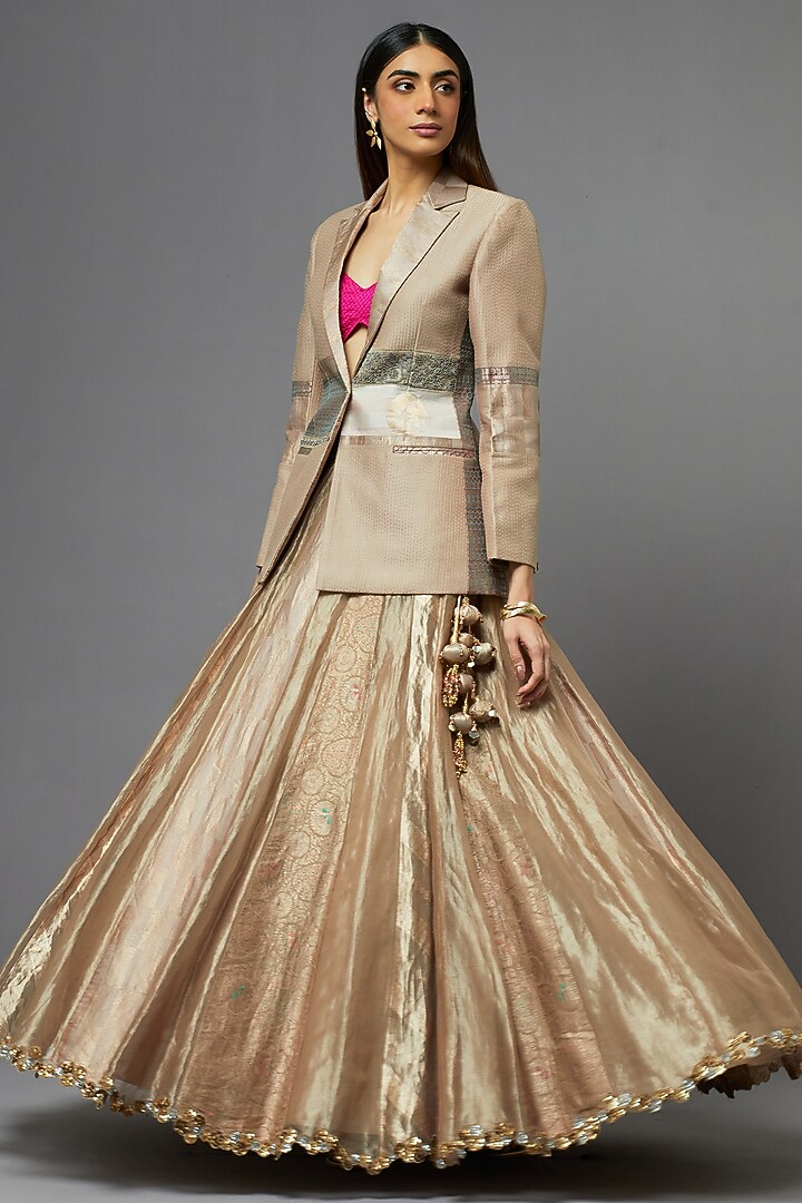 Metal Silk Jacket Bridal Lehenga Set by aum ashima & asit at Pernia's Pop Up Shop