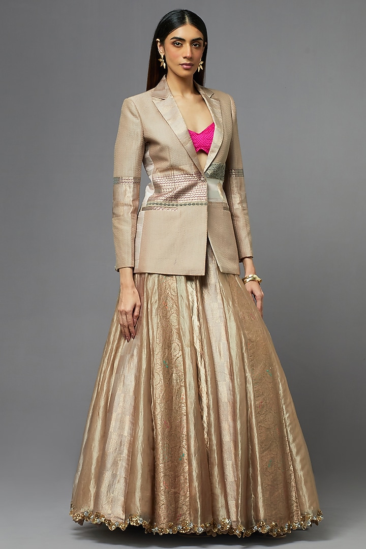 Metal Silk Jacket Bridal Lehenga Set by aum ashima & asit at Pernia's Pop Up Shop