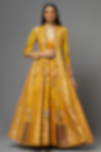 Yellow Silk Bridal Anarkali With Cape by aum ashima & asit at Pernia's Pop Up Shop