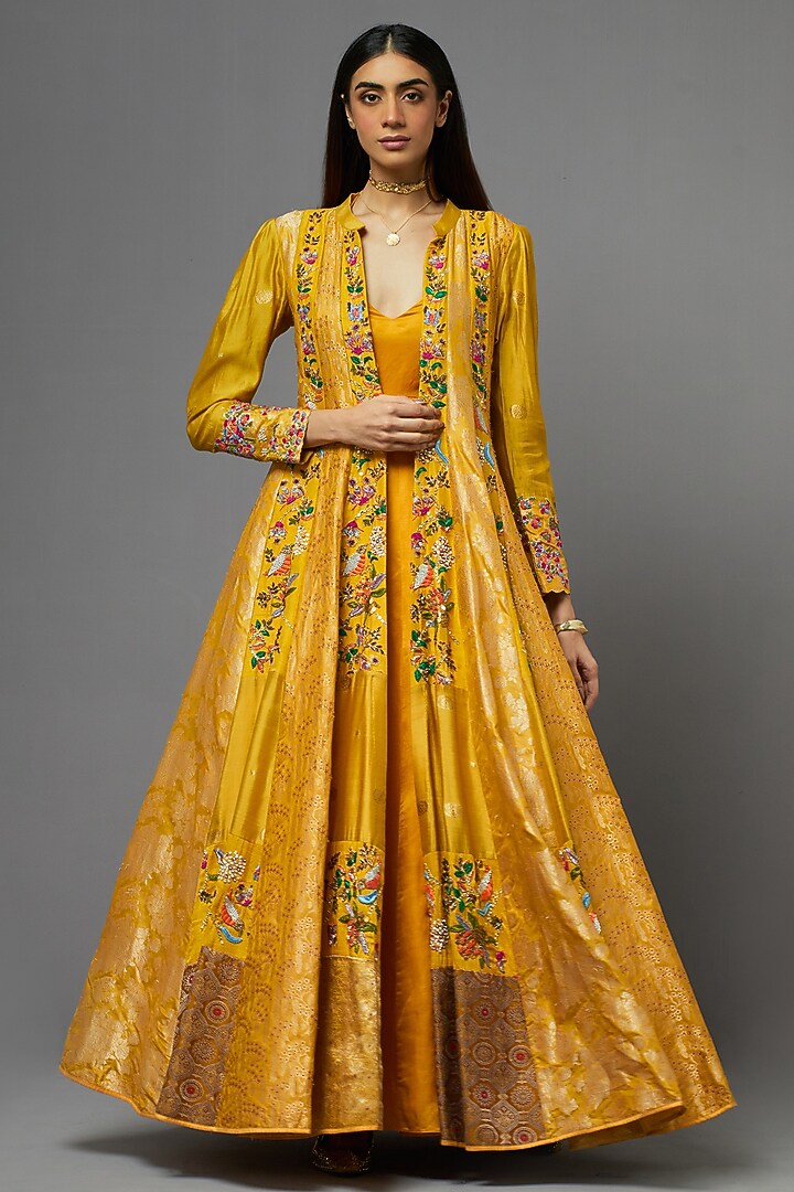 Yellow Silk Bridal Anarkali With Cape by aum ashima & asit at Pernia's Pop Up Shop