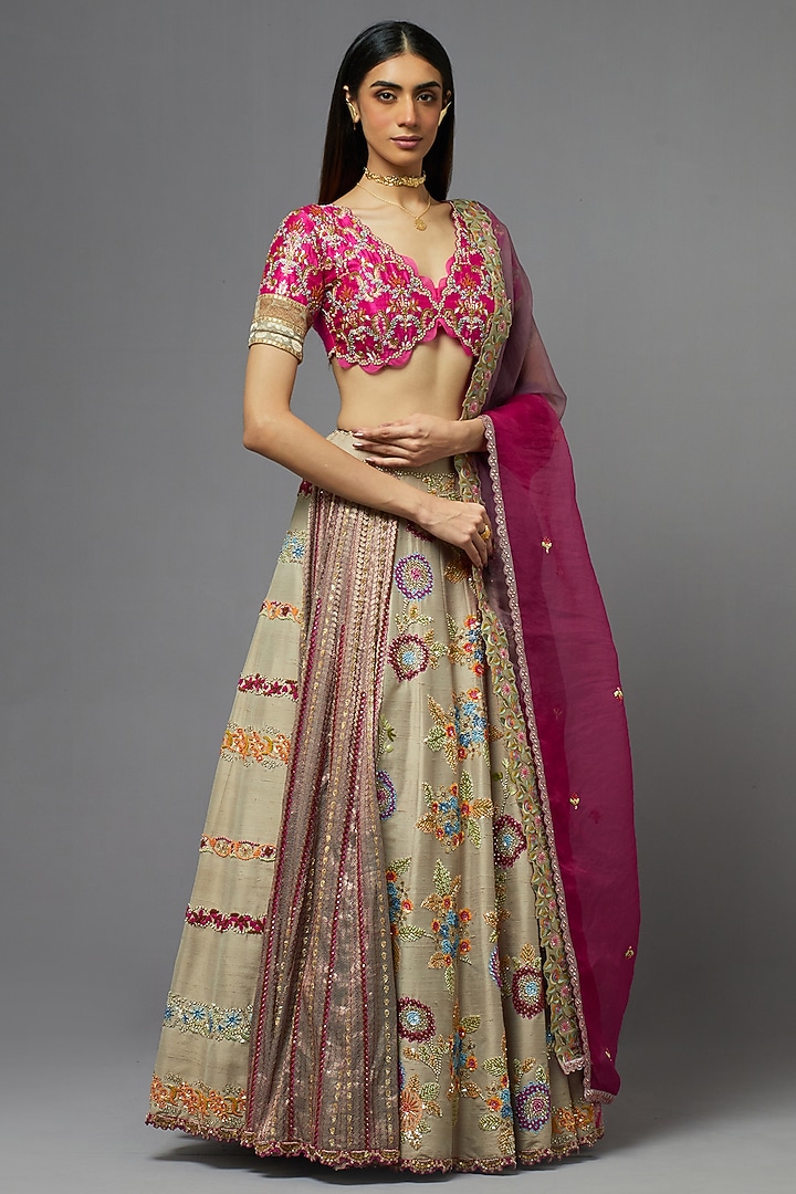 Grey Silk Bridal Lehenga Set by aum ashima & asit at Pernia's Pop Up Shop