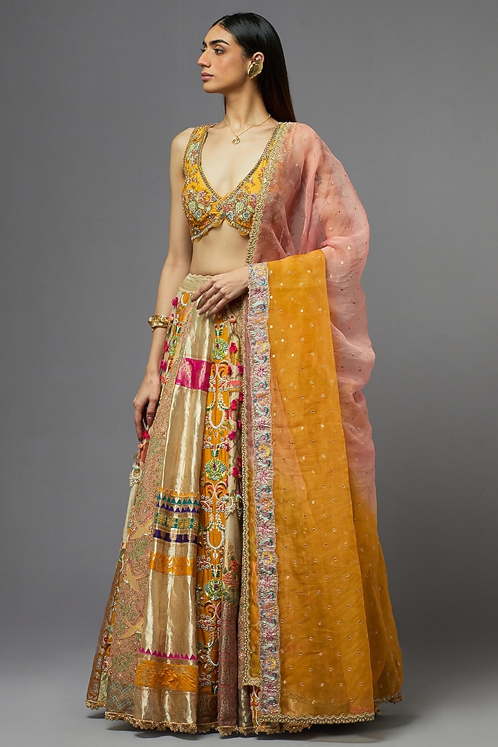 Gold Silk Embroidered Bridal Lehenga Set by aum ashima & asit at Pernia's Pop Up Shop