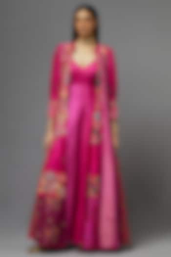 Hot Pink Silk Bridal Anarkali With Cape by aum ashima & asit at Pernia's Pop Up Shop