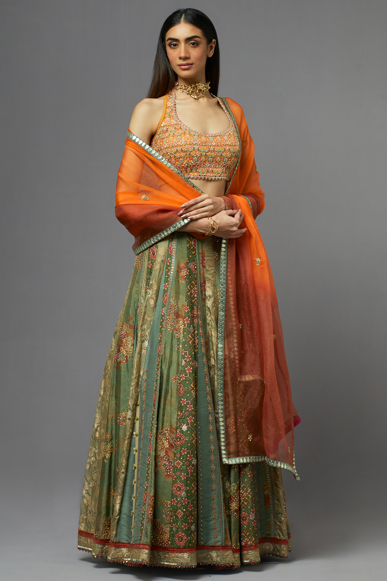 Dull Green Silk Wedding Lehenga Set by aum ashima & asit at Pernia's Pop Up Shop