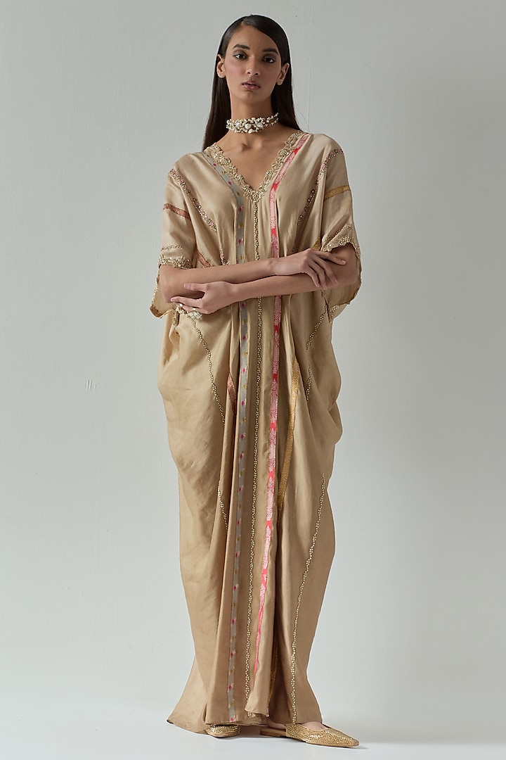 Beige Satin Kaftan by aum ashima & asit at Pernia's Pop Up Shop