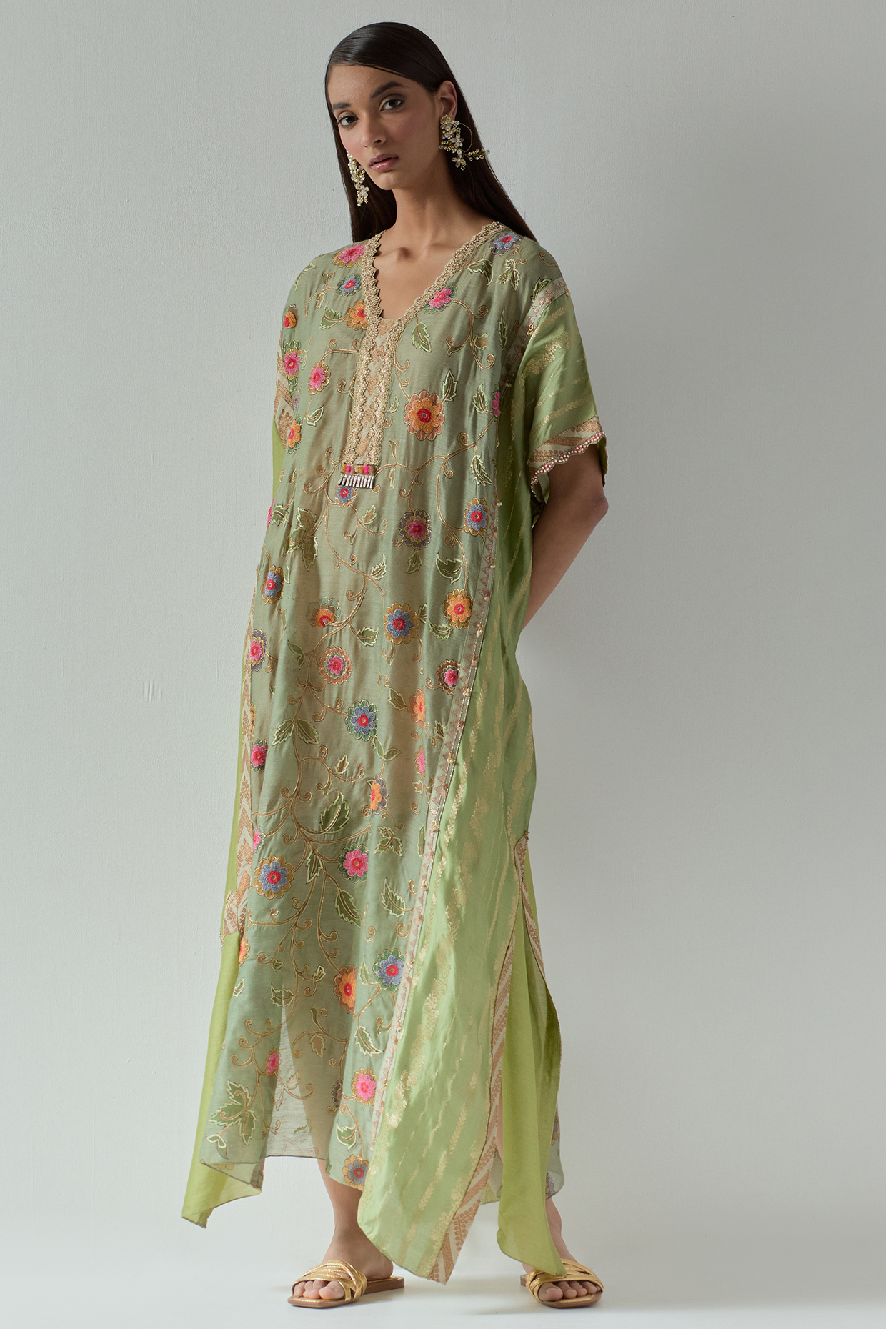 Green Silk Kaftan by aum ashima & asit at Pernia's Pop Up Shop