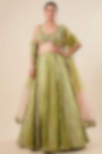 Lime Yellow Silk Brocade & Tissue Hand Embroidered Wedding Lehenga Set by aum ashima & asit at Pernia's Pop Up Shop