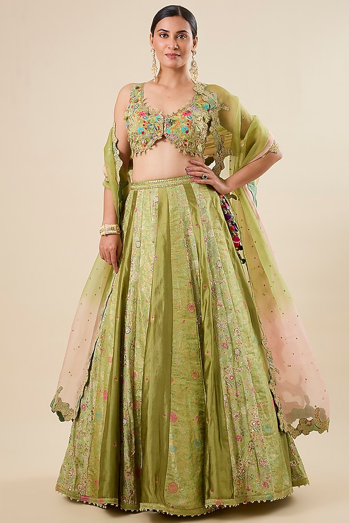 Lime Yellow Silk Brocade & Tissue Hand Embroidered Wedding Lehenga Set by aum ashima & asit at Pernia's Pop Up Shop