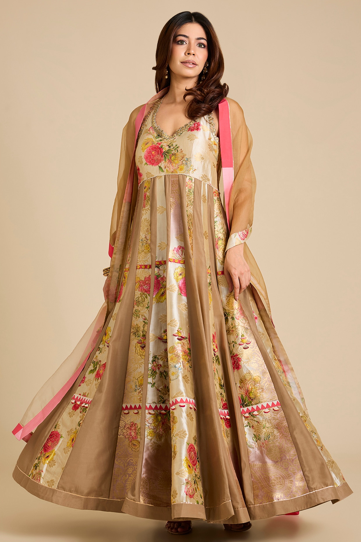 aum ashima & asit Beige Chanderi Silk Printed Anarkali Set
