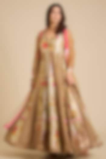 Beige Chanderi Silk Printed Wedding Anarkali Set by aum ashima & asit at Pernia's Pop Up Shop