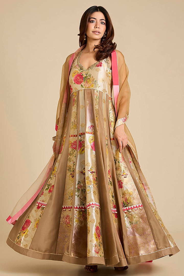 Beige Chanderi Silk Printed Wedding Anarkali Set by aum ashima & asit at Pernia's Pop Up Shop