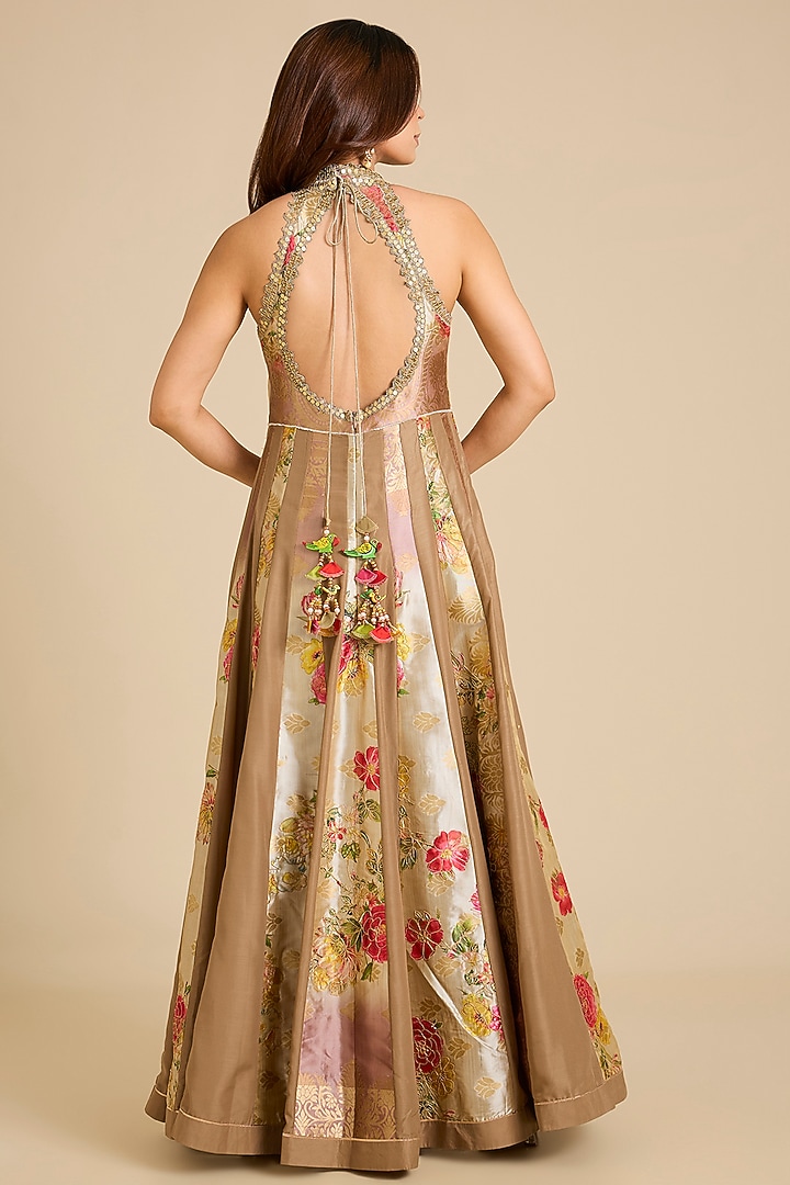 Beige Chanderi Silk Printed Wedding Anarkali Set by aum ashima & asit at Pernia's Pop Up Shop