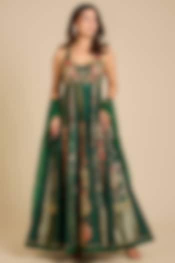 Bottle Green Chanderi Silk Floral Printed Wedding Anarkali Set by aum ashima & asit at Pernia's Pop Up Shop