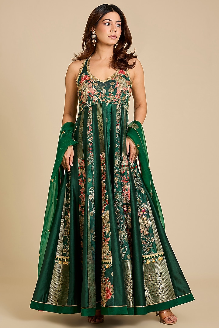 Bottle Green Chanderi Silk Floral Printed Wedding Anarkali Set by aum ashima & asit at Pernia's Pop Up Shop