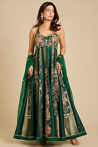 Bottle Green Chanderi Silk Floral Printed Anarkali Set by aum ashima & asit