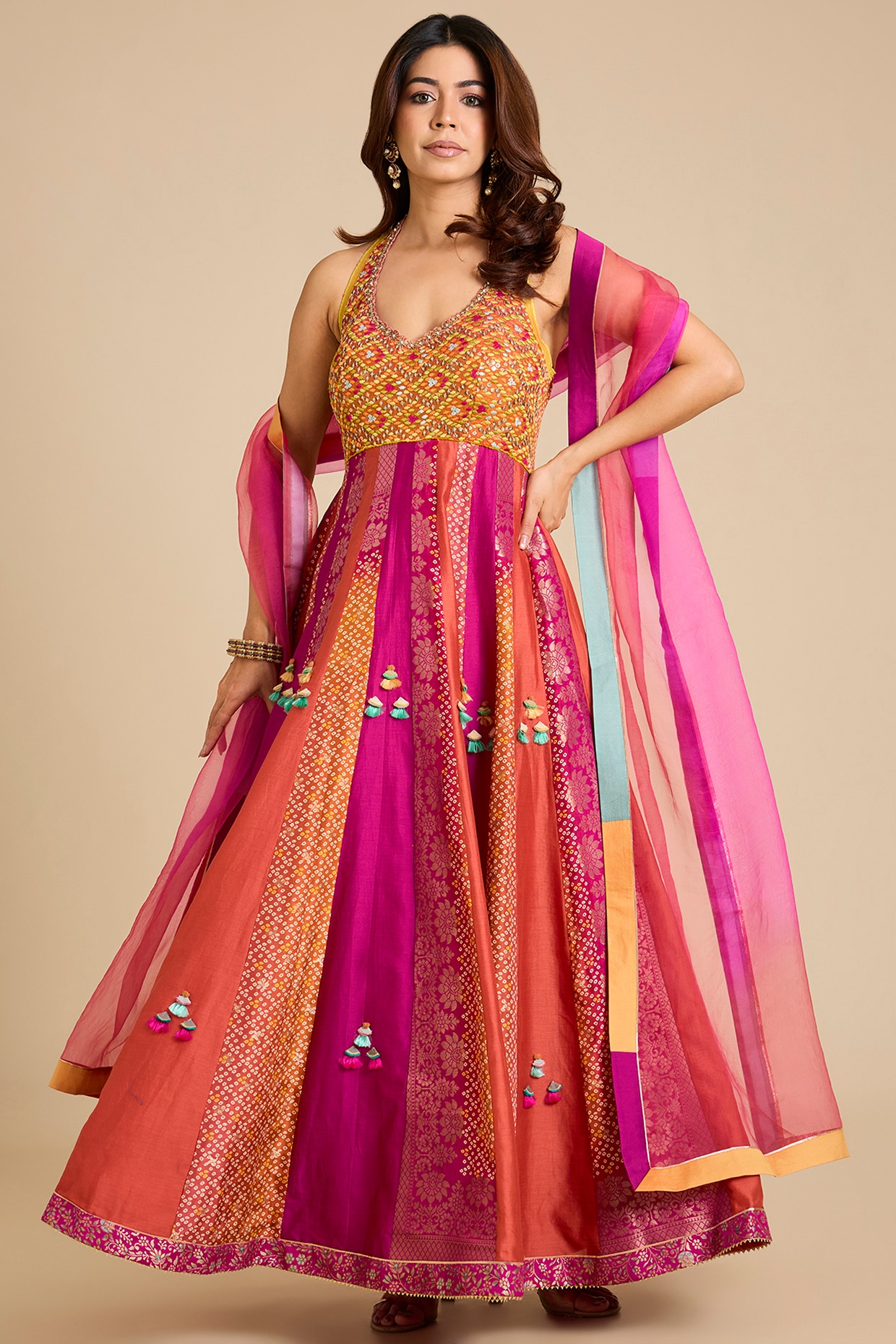 aum ashima & asit Rani-Orange Chanderi Silk Floral Printed & Hand Embroidered Anarkali Set