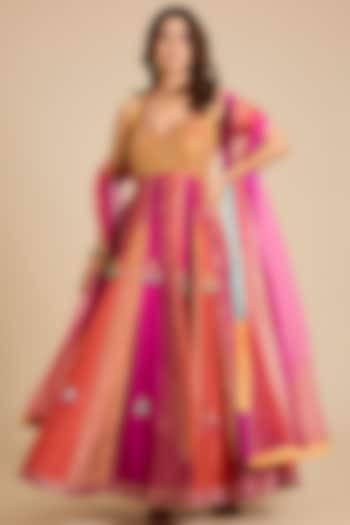 Rani-Orange Chanderi Silk Floral Printed & Hand Embroidered Wedding Anarkali Set by aum ashima & asit at Pernia's Pop Up Shop