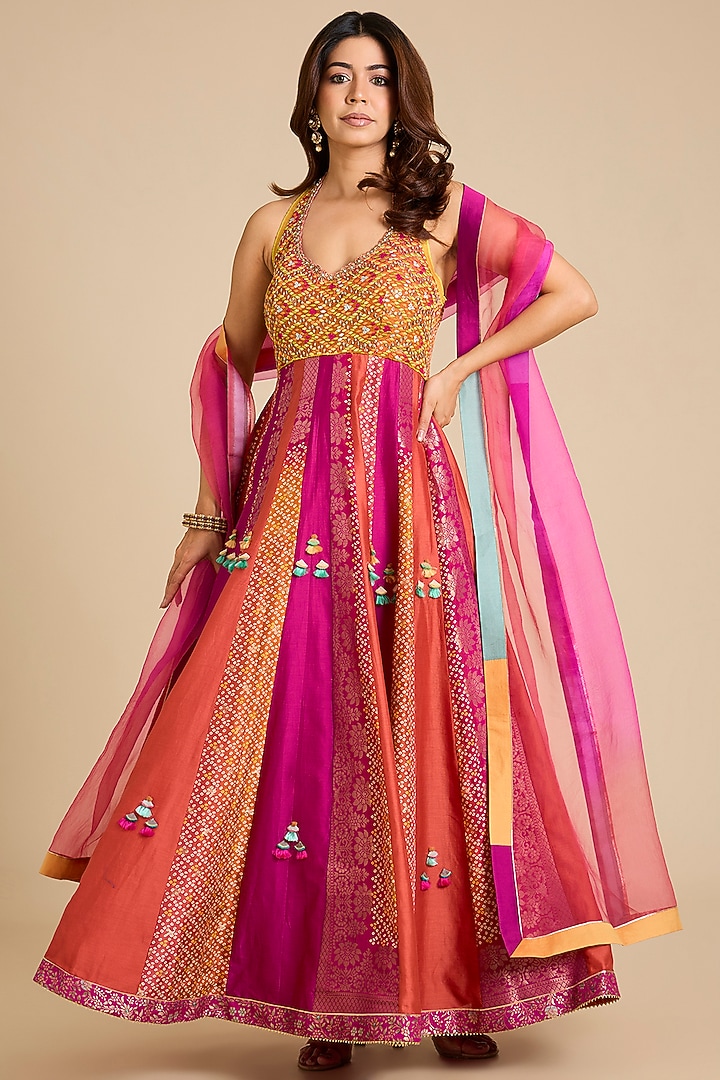 Rani-Orange Chanderi Silk Floral Printed & Hand Embroidered Wedding Anarkali Set by aum ashima & asit at Pernia's Pop Up Shop