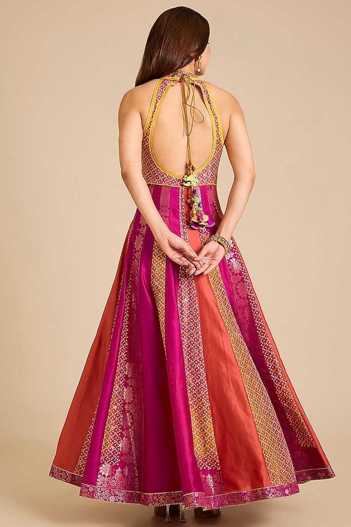 Rani-Orange Chanderi Silk Floral Printed & Hand Embroidered Wedding Anarkali Set by aum ashima & asit at Pernia's Pop Up Shop