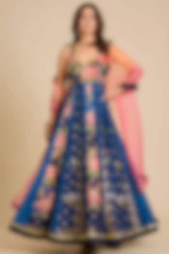 Blue Chanderi Silk Floral Printed Wedding Anarkali Set by aum ashima & asit at Pernia's Pop Up Shop