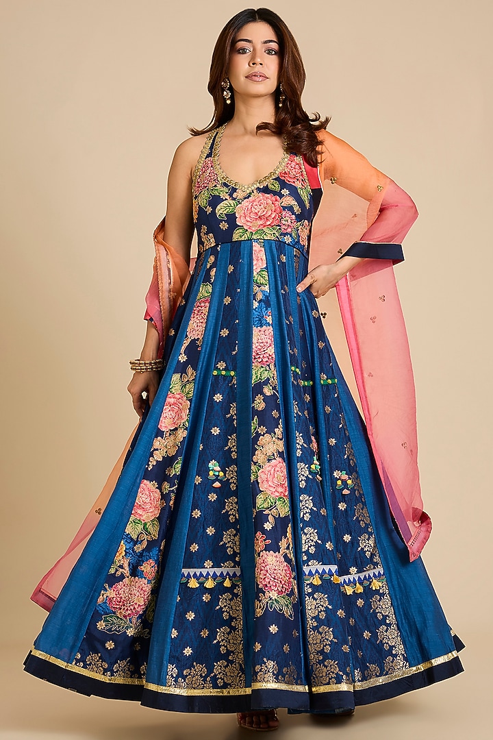 Blue Chanderi Silk Floral Printed Wedding Anarkali Set by aum ashima & asit at Pernia's Pop Up Shop