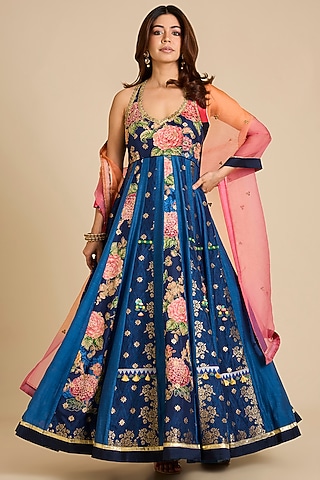 Blue Chanderi Silk Floral Printed Anarkali Set by aum ashima & asit