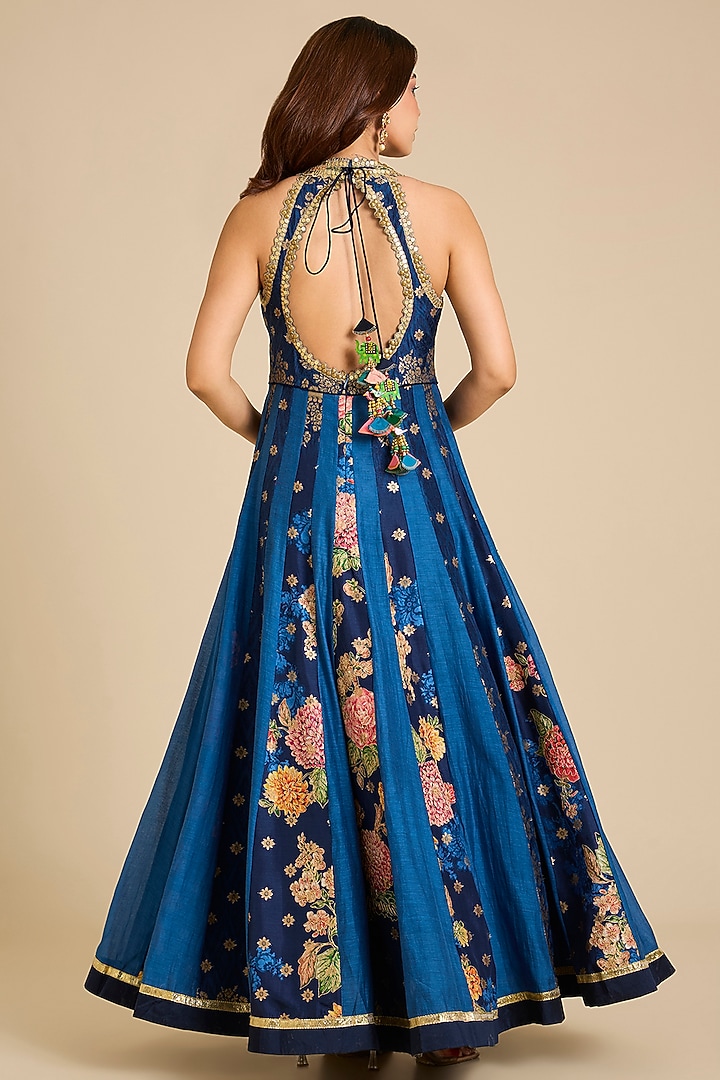Blue Chanderi Silk Floral Printed Wedding Anarkali Set by aum ashima & asit at Pernia's Pop Up Shop