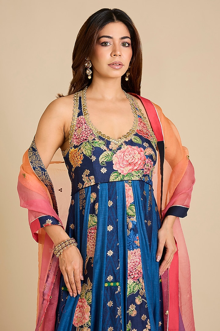 Blue Chanderi Silk Floral Printed Wedding Anarkali Set by aum ashima & asit at Pernia's Pop Up Shop