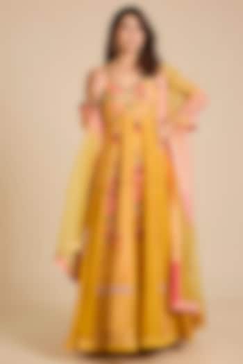Yellow Cotton Silk Floral Printed Wedding Anarkali Set by aum ashima & asit at Pernia's Pop Up Shop