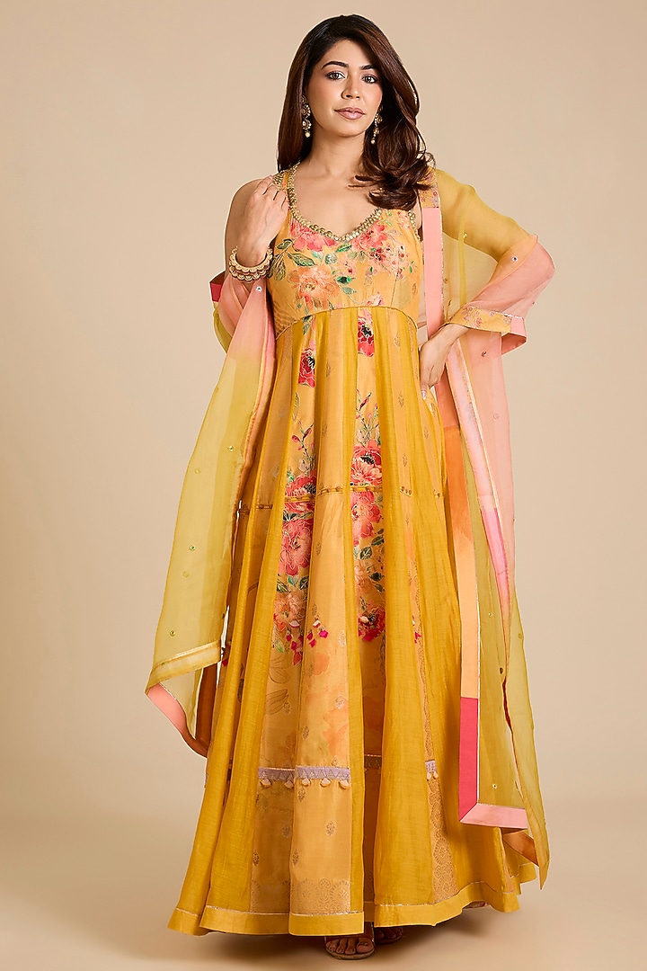 Yellow Cotton Silk Floral Printed Wedding Anarkali Set by aum ashima & asit at Pernia's Pop Up Shop