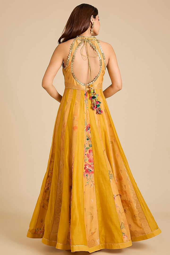 Yellow Cotton Silk Floral Printed Wedding Anarkali Set by aum ashima & asit at Pernia's Pop Up Shop