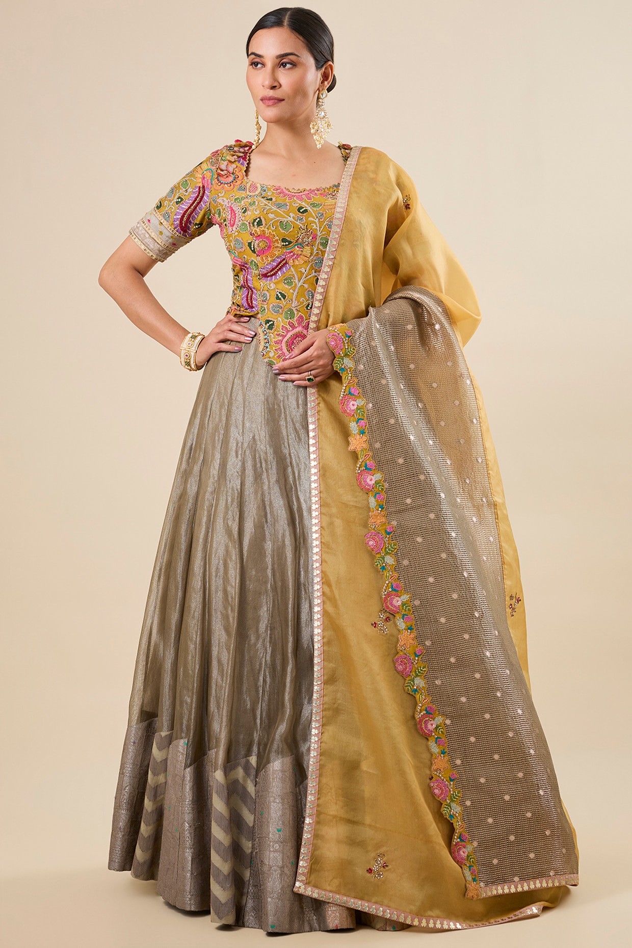 aum ashima & asit Golden-Brown Tissue Silk Lehenga Set