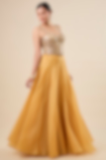 Yellow Silk Organza Fluid Skirt Set by aum ashima & asit at Pernia's Pop Up Shop