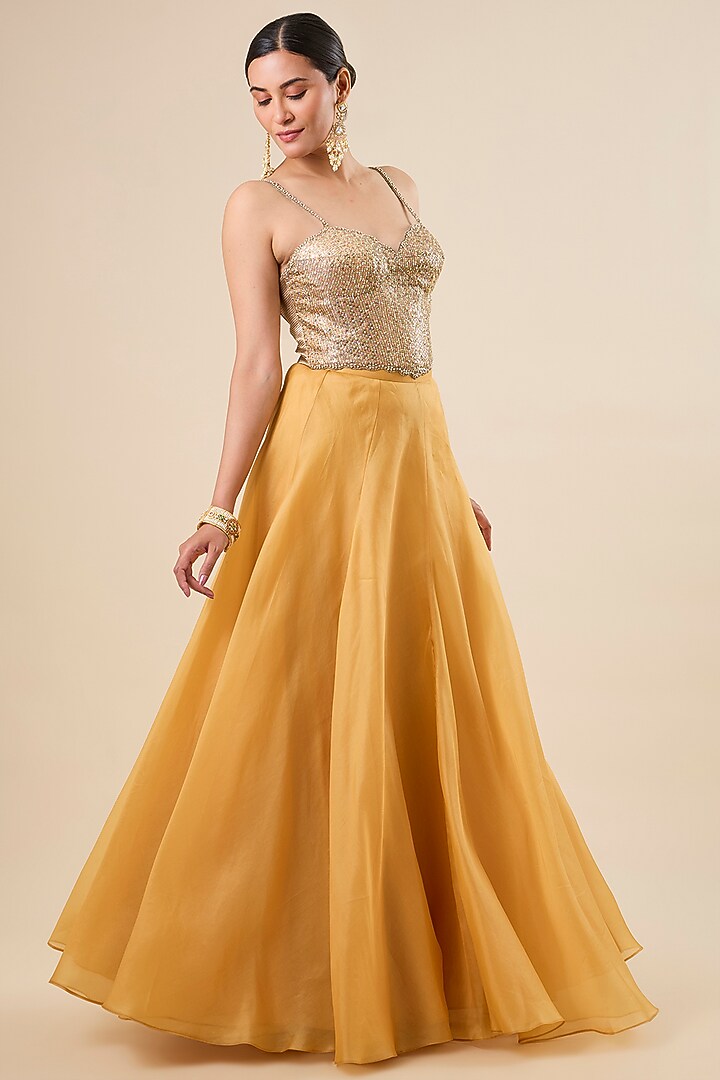 Yellow Silk Organza Fluid Skirt Set by aum ashima & asit at Pernia's Pop Up Shop