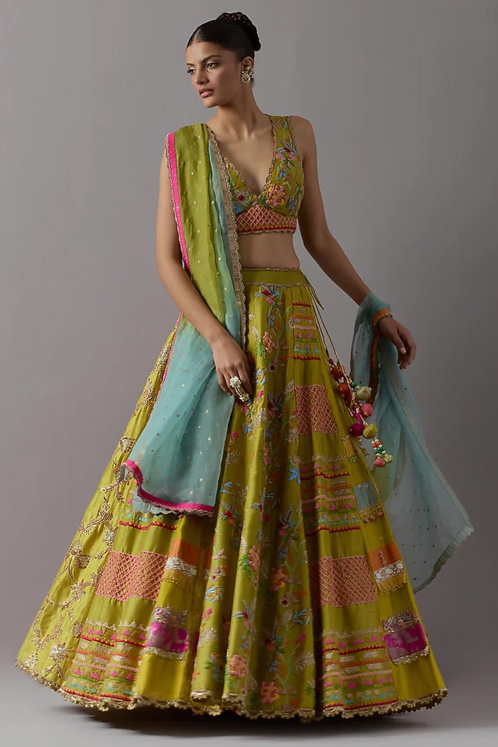 Green Silk Bridal Lehenga Set by aum ashima & asit at Pernia's Pop Up Shop