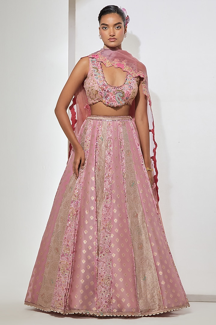 Pink Silk Brocade Embroidered Wedding Lehenga Set by aum ashima & asit at Pernia's Pop Up Shop